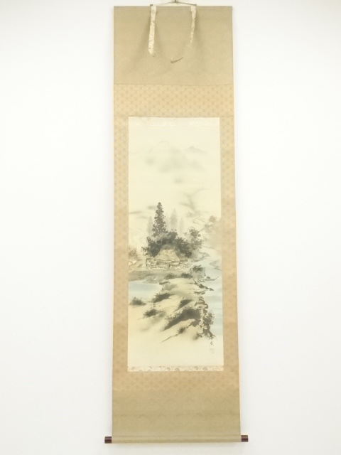 長尾梅友筆 四神相応山水図 肉筆絹本掛軸（共箱）：リサイクル